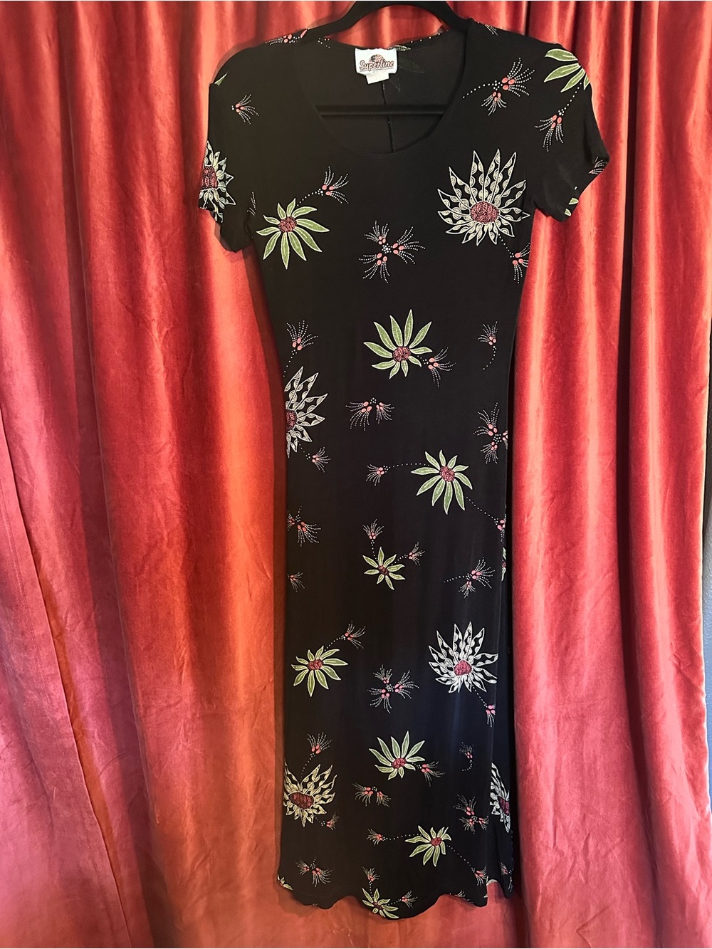 Vintage 90s Black Floral Short-Sleeve Maxi Dress